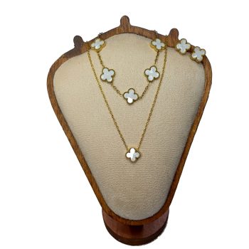   Arany-Fehér Színű Gyöngyház Lóhere Nyaklánc, Fülbevaló, Karkötő Szett