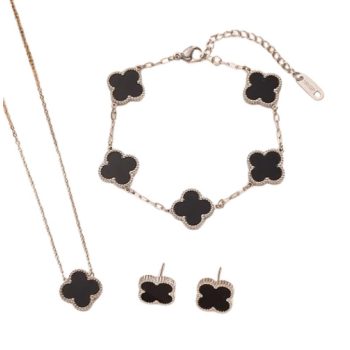   Ezüst Fekete Színű Lóhere Nyaklánc, Fülbevaló, Karkötő Szett