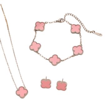   Ezüst Rózsaszín Színű Lóhere Nyaklánc, Fülbevaló, Karkötő Szett