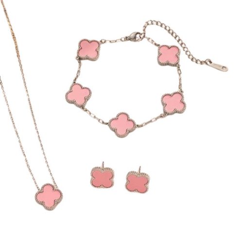 Ezüst Rózsaszín Színű Lóhere Nyaklánc, Fülbevaló, Karkötő Szett