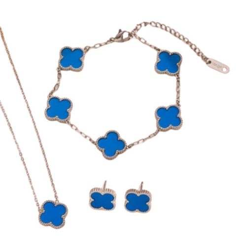 Ezüst Kék Színű Lóhere Nyaklánc, Fülbevaló, Karkötő Szett