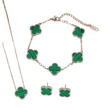   Ezüst Zöld Színű Lóhere Nyaklánc, Fülbevaló, Karkötő Szett