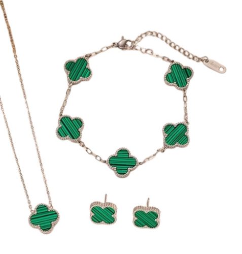 Ezüst Zöld Színű Lóhere Nyaklánc, Fülbevaló, Karkötő Szett