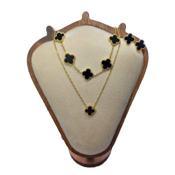   Arany-Fekete Színű Lóhere Nyaklánc, Fülbevaló, Karkötő Szett