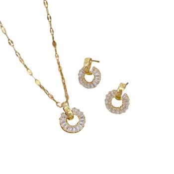   Arany Színű Nemesacél Cirkónia Strasszos Nyaklánc, Fülbevaló Ékszer Szett