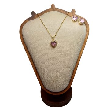   Arany Színű Nemesacél Rózsaszín Cirkónia Strasszos Szív Nyaklánc, Fülbevaló Ékszer Szett