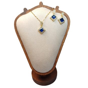   Arany Színű Nemesacél Kék Cirkónia Strasszos Nyaklánc, Fülbevaló Ékszer Szett
