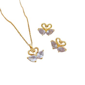   Arany Színű Nemesacél Cirkónia Strasszos Hattyú Szív Nyaklánc, Fülbevaló Ékszer Szett