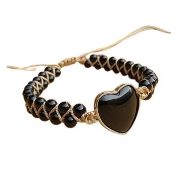   Fekete Obszidián Szív Csúszócsomós Állítható Ásvány Karkötő