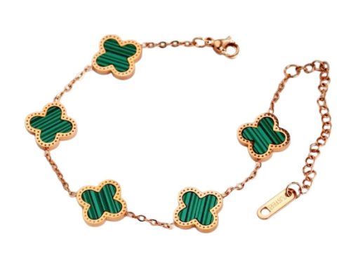 Rózsaarany Zöld Színű Gyöngyház Lóhere Karlánc