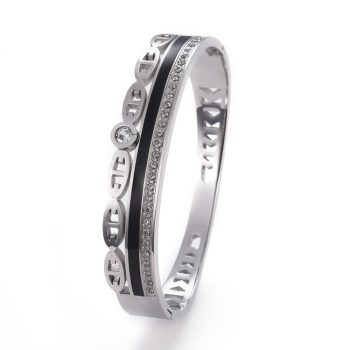   Ezüst Színű Nemesacél Strasszos Fekete Tűzzománc Karkötő Karperec