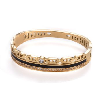   Arany Színű Nemesacél Strasszos Fekete Tűzzománc Karkötő Karperec