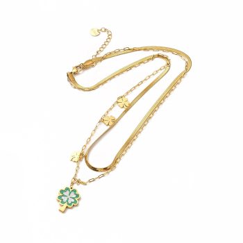   Arany Színű Nemesacél Szerencse Lóhere Dupla Nyaklánc Kagyló Berakással