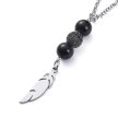 Ezüst Színű Nemesacél Fekete Cirkónia Strasszos Toll Medálos Nyaklánc Fekete Achát Gyöngyökkel