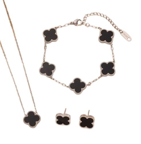 Ezüst Fekete Színű Gyöngyház Lóhere Nyaklánc